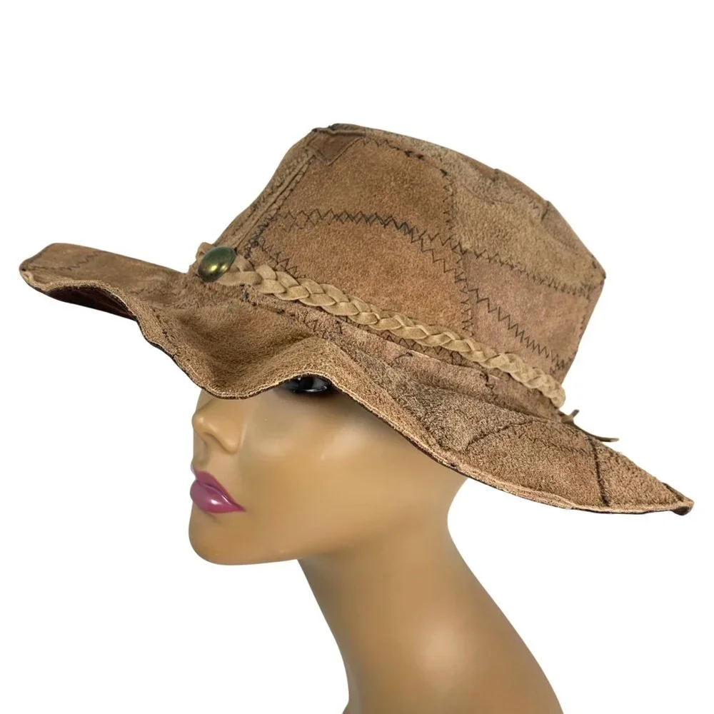 VTG Brown Suede Patchwork Western Hat Braided Band Unisex Handmade Mexico SZ M